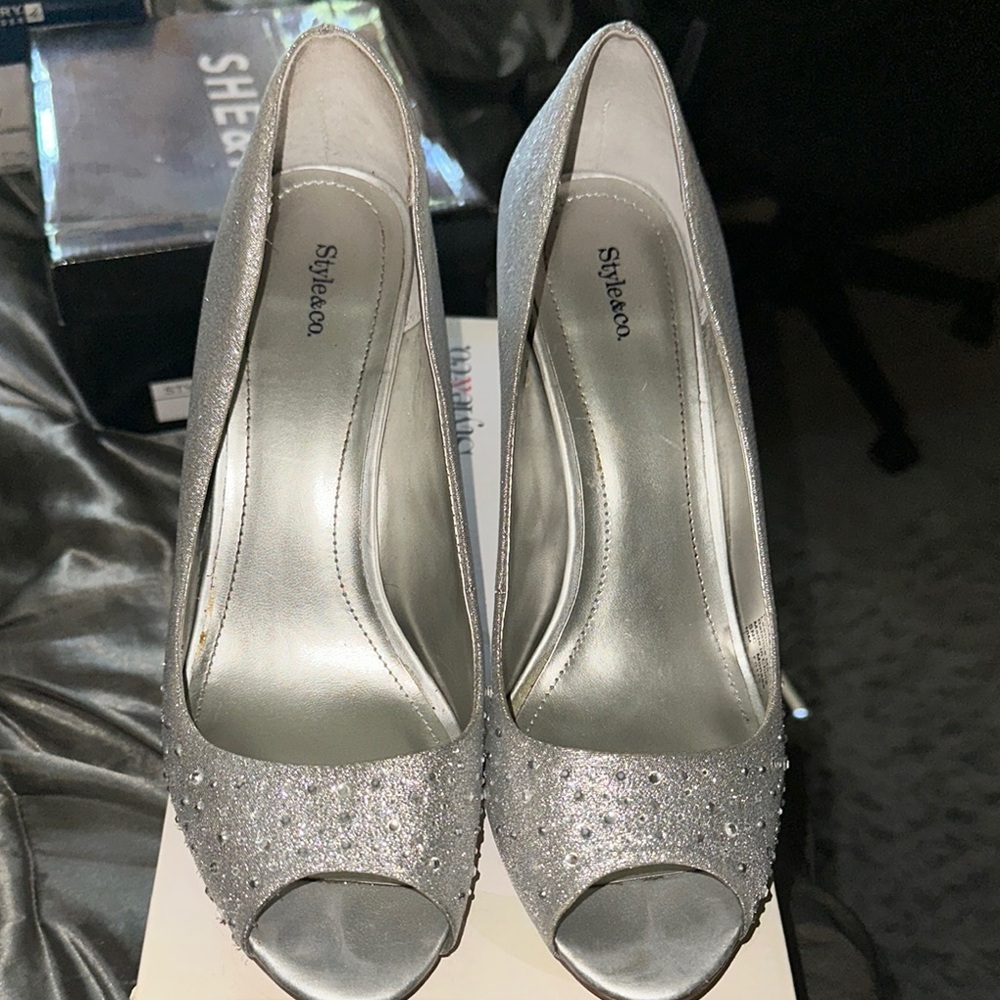 Style & Co. Glittering Silver Peep Toe Heels